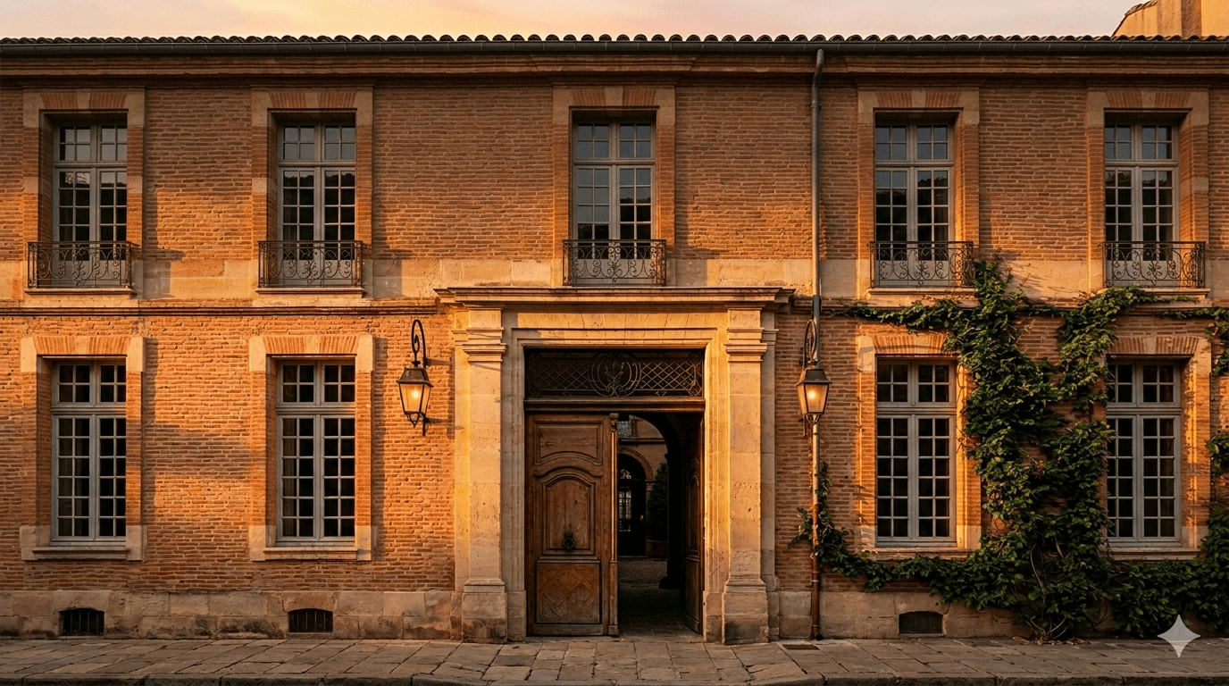 Façade d'un hôtel particulier toulousain en briques roses au coucher du soleil