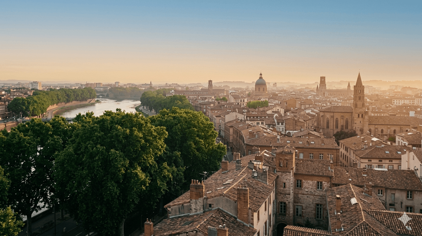 Vue aérienne des toits de Toulouse au coucher du soleil